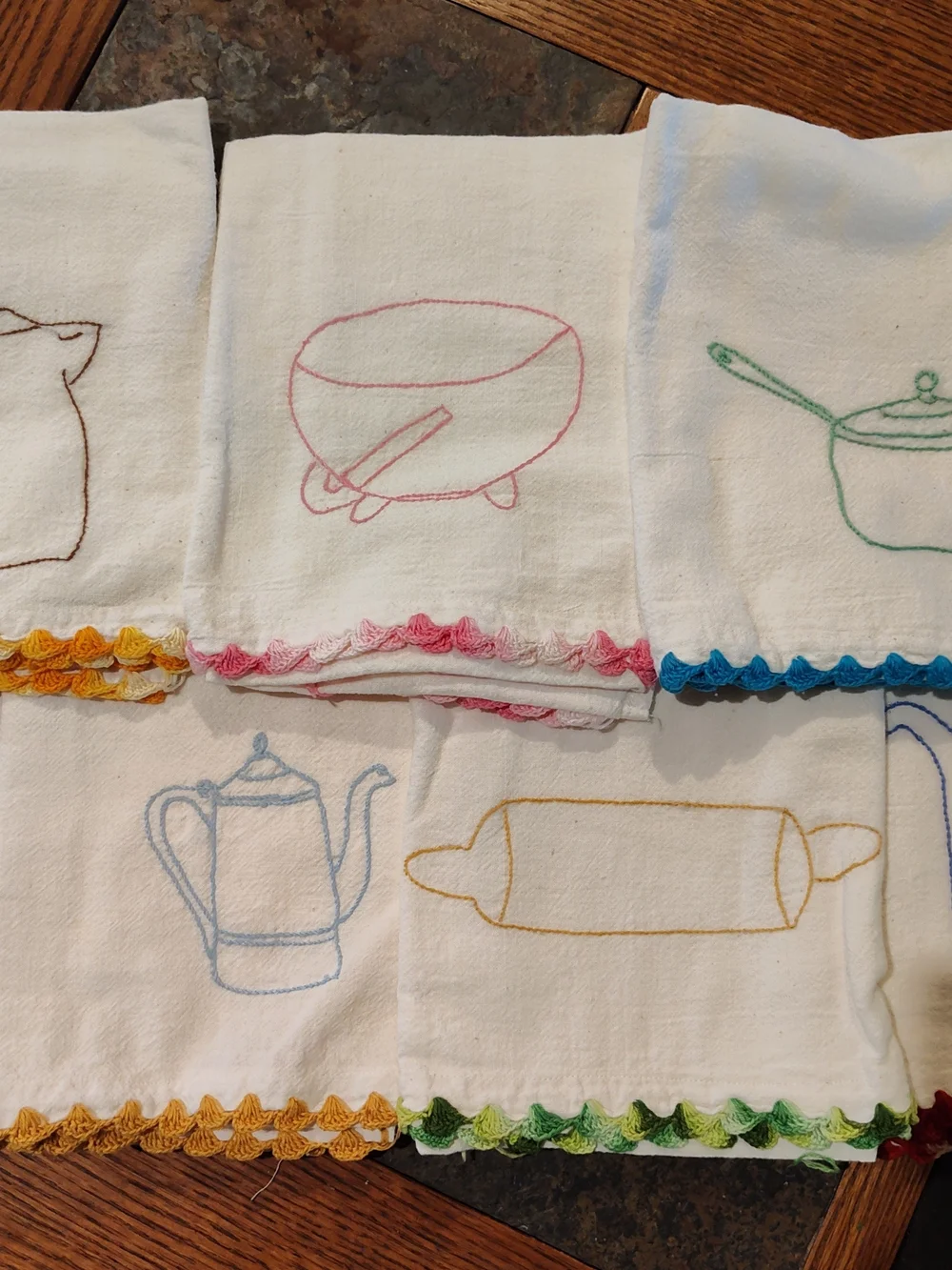 Hand-Embroidered White Kitchen Dish Towels with Multicolor Crochet Edge